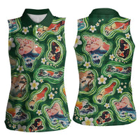 Hawaiian and Japanese Culture Together Women Sleeveless Polo Shirt Hawaiian Island Shapes with Japanese Landscape Green Color