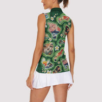 Hawaiian and Japanese Culture Together Women Sleeveless Polo Shirt Hawaiian Island Shapes with Japanese Landscape Green Color