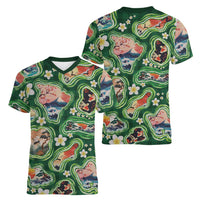 Hawaiian and Japanese Culture Together Women V-Neck T-Shirt Hawaiian Island Shapes with Japanese Landscape Green Color