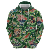 Hawaiian and Japanese Culture Together Zip Hoodie Hawaiian Island Shapes with Japanese Landscape Green Color