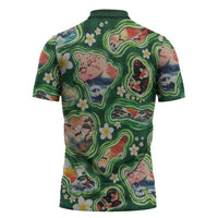 Hawaiian and Japanese Culture Together Zipper Polo Shirt Hawaiian Island Shapes with Japanese Landscape Green Color LT03 - Polynesian Pride