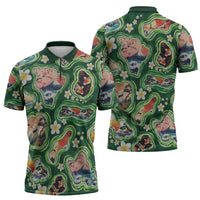 Hawaiian and Japanese Culture Together Zipper Polo Shirt Hawaiian Island Shapes with Japanese Landscape Green Color LT03 - Polynesian Pride