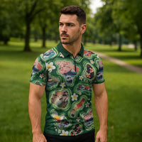Hawaiian and Japanese Culture Together Zipper Polo Shirt Hawaiian Island Shapes with Japanese Landscape Green Color LT03 - Polynesian Pride