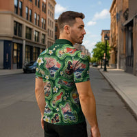 Hawaiian and Japanese Culture Together Zipper Polo Shirt Hawaiian Island Shapes with Japanese Landscape Green Color LT03 - Polynesian Pride