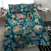 Hawaiian and Japanese Culture Together Bedding Set Hawaiian Island Shapes with Japanese Landscape Teal Color