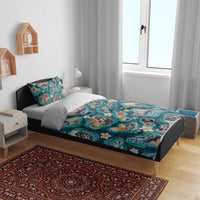 Hawaiian and Japanese Culture Together Bedding Set Hawaiian Island Shapes with Japanese Landscape Teal Color