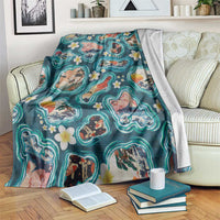 Hawaiian and Japanese Culture Together Blanket Hawaiian Island Shapes with Japanese Landscape Teal Color
