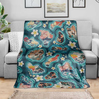 Hawaiian and Japanese Culture Together Blanket Hawaiian Island Shapes with Japanese Landscape Teal Color