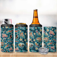 Hawaiian and Japanese Culture Together 4 in 1 Can Cooler Tumbler Hawaiian Island Shapes with Japanese Landscape Teal Color LT03 - Polynesian Pride