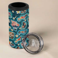 Hawaiian and Japanese Culture Together 4 in 1 Can Cooler Tumbler Hawaiian Island Shapes with Japanese Landscape Teal Color LT03 - Polynesian Pride