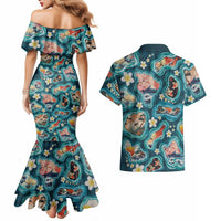 Hawaiian and Japanese Culture Together Couples Matching Mermaid Dress and Hawaiian Shirt Hawaiian Island Shapes with Japanese Landscape Teal Color