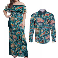 Hawaiian and Japanese Culture Together Couples Matching Off Shoulder Maxi Dress and Long Sleeve Button Shirt Hawaiian Island Shapes with Japanese Landscape Teal Color LT03 Teal - Polynesian Pride