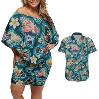 Hawaiian and Japanese Culture Together Couples Matching Off Shoulder Short Dress and Hawaiian Shirt Hawaiian Island Shapes with Japanese Landscape Teal Color LT03 Teal - Polynesian Pride