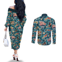 Hawaiian and Japanese Culture Together Couples Matching Off The Shoulder Long Sleeve Dress and Long Sleeve Button Shirt Hawaiian Island Shapes with Japanese Landscape Teal Color