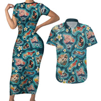 Hawaiian and Japanese Culture Together Couples Matching Short Sleeve Bodycon Dress and Hawaiian Shirt Hawaiian Island Shapes with Japanese Landscape Teal Color
