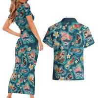 Hawaiian and Japanese Culture Together Couples Matching Short Sleeve Bodycon Dress and Hawaiian Shirt Hawaiian Island Shapes with Japanese Landscape Teal Color
