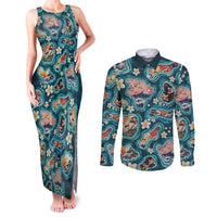 Hawaiian and Japanese Culture Together Couples Matching Tank Maxi Dress and Long Sleeve Button Shirt Hawaiian Island Shapes with Japanese Landscape Teal Color