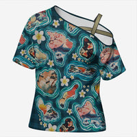 Hawaiian and Japanese Culture Together Cross Shoulder Shirt Hawaiian Island Shapes with Japanese Landscape Teal Color