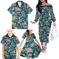 Hawaiian and Japanese Culture Together Family Matching Off The Shoulder Long Sleeve Dress and Hawaiian Shirt Hawaiian Island Shapes with Japanese Landscape Teal Color