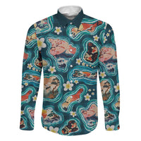 Hawaiian and Japanese Culture Together Family Matching Puletasi and Hawaiian Shirt Hawaiian Island Shapes with Japanese Landscape Teal Color LT03 Dad's Shirt - Long Sleeve Teal - Polynesian Pride
