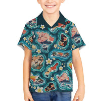 Hawaiian and Japanese Culture Together Family Matching Puletasi and Hawaiian Shirt Hawaiian Island Shapes with Japanese Landscape Teal Color LT03 Son's Shirt Teal - Polynesian Pride