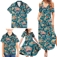 Hawaiian and Japanese Culture Together Family Matching Summer Maxi Dress and Hawaiian Shirt Hawaiian Island Shapes with Japanese Landscape Teal Color