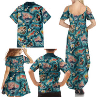 Hawaiian and Japanese Culture Together Family Matching Summer Maxi Dress and Hawaiian Shirt Hawaiian Island Shapes with Japanese Landscape Teal Color