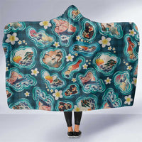 Hawaiian and Japanese Culture Together Hooded Blanket Hawaiian Island Shapes with Japanese Landscape Teal Color
