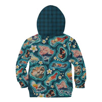 Hawaiian and Japanese Culture Together Kid Hoodie Hawaiian Island Shapes with Japanese Landscape Teal Color
