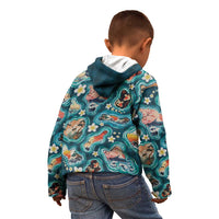 Hawaiian and Japanese Culture Together Kid Hoodie Hawaiian Island Shapes with Japanese Landscape Teal Color