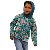 Hawaiian and Japanese Culture Together Kid Hoodie Hawaiian Island Shapes with Japanese Landscape Teal Color