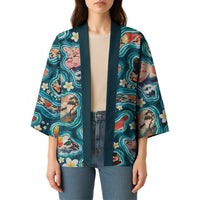 Hawaiian and Japanese Culture Together Kimono Hawaiian Island Shapes with Japanese Landscape Teal Color