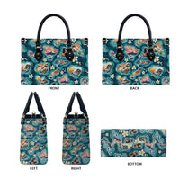 Hawaiian and Japanese Culture Together Leather Bag Hawaiian Island Shapes with Japanese Landscape Teal Color