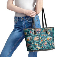 Hawaiian and Japanese Culture Together Leather Tote Bag Hawaiian Island Shapes with Japanese Landscape Teal Color