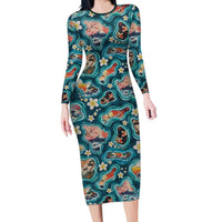 Hawaiian and Japanese Culture Together Long Sleeve Bodycon Dress Hawaiian Island Shapes with Japanese Landscape Teal Color LT03 Long Dress Teal - Polynesian Pride