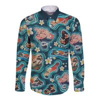 Hawaiian and Japanese Culture Together Long Sleeve Button Shirt Hawaiian Island Shapes with Japanese Landscape Teal Color