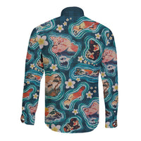 Hawaiian and Japanese Culture Together Long Sleeve Button Shirt Hawaiian Island Shapes with Japanese Landscape Teal Color