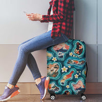 Hawaiian and Japanese Culture Together Luggage Cover Hawaiian Island Shapes with Japanese Landscape Teal Color
