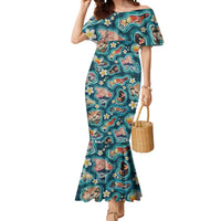 Hawaiian and Japanese Culture Together Mermaid Dress Hawaiian Island Shapes with Japanese Landscape Teal Color