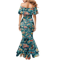 Hawaiian and Japanese Culture Together Mermaid Dress Hawaiian Island Shapes with Japanese Landscape Teal Color