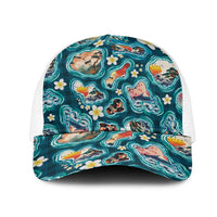 Hawaiian and Japanese Culture Together Mesh Trucker Cap Hawaiian Island Shapes with Japanese Landscape Teal Color