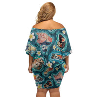 Hawaiian and Japanese Culture Together Off Shoulder Short Dress Hawaiian Island Shapes with Japanese Landscape Teal Color