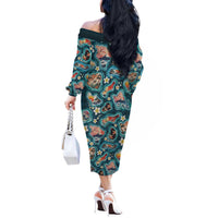Hawaiian and Japanese Culture Together Off The Shoulder Long Sleeve Dress Hawaiian Island Shapes with Japanese Landscape Teal Color LT03 - Polynesian Pride