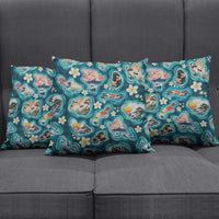 Hawaiian and Japanese Culture Together Pillow Cover Hawaiian Island Shapes with Japanese Landscape Teal Color