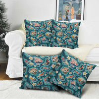Hawaiian and Japanese Culture Together Pillow Cover Hawaiian Island Shapes with Japanese Landscape Teal Color