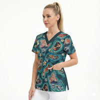 Hawaiian and Japanese Culture Together Scrub Top Hawaiian Island Shapes with Japanese Landscape Teal Color
