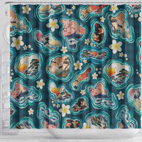 Hawaiian and Japanese Culture Together Shower Curtain Hawaiian Island Shapes with Japanese Landscape Teal Color