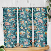 Hawaiian and Japanese Culture Together Skinny Tumbler Hawaiian Island Shapes with Japanese Landscape Teal Color