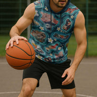 Hawaiian and Japanese Culture Together Sleeveless Hoodie Hawaiian Island Shapes with Japanese Landscape Teal Color