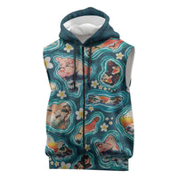 Hawaiian and Japanese Culture Together Sleeveless Zip Hoodie Hawaiian Island Shapes with Japanese Landscape Teal Color